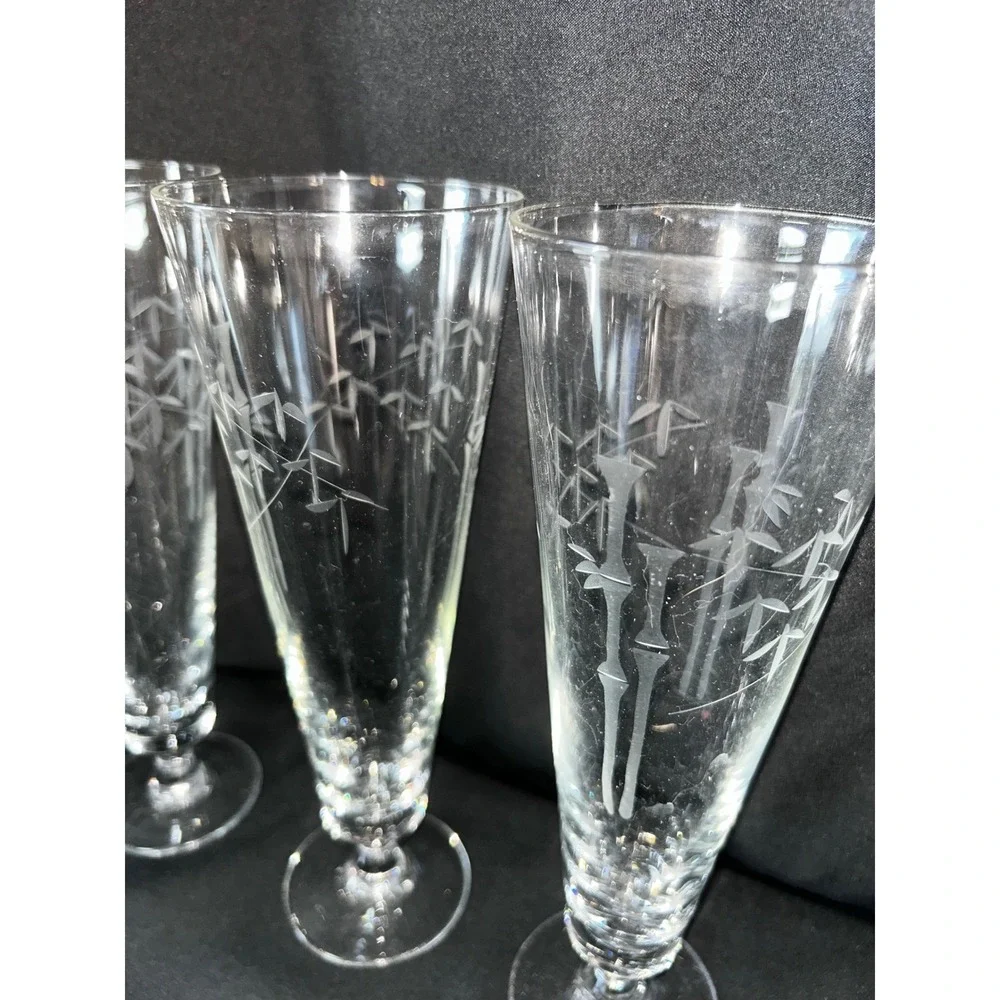 Set of 6 Vintage Bamboo Etched Footed‎ Glasses Champagne Flutes Tall Pilsner MCM